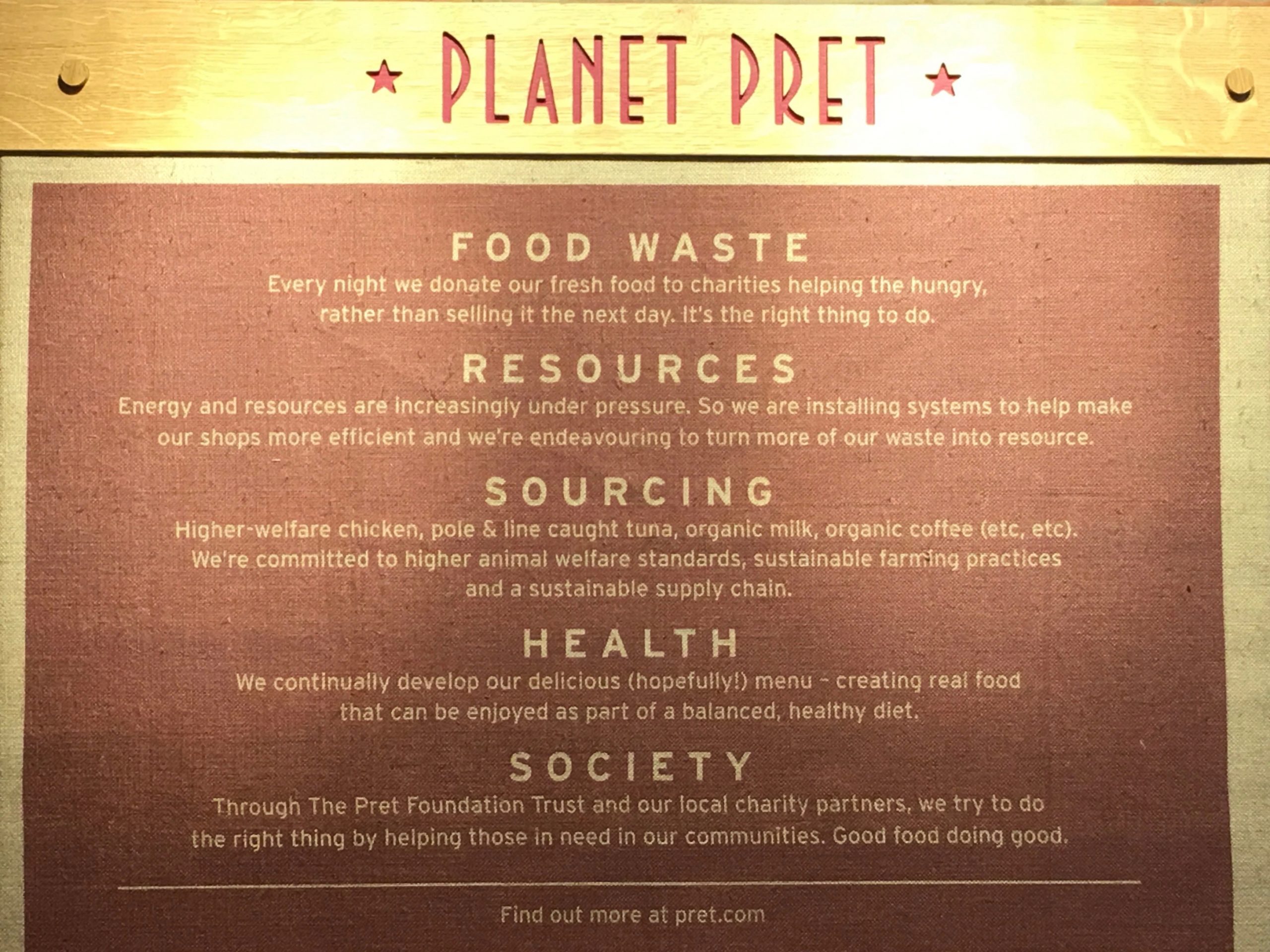A sign at Pret A Manager displaying their company values