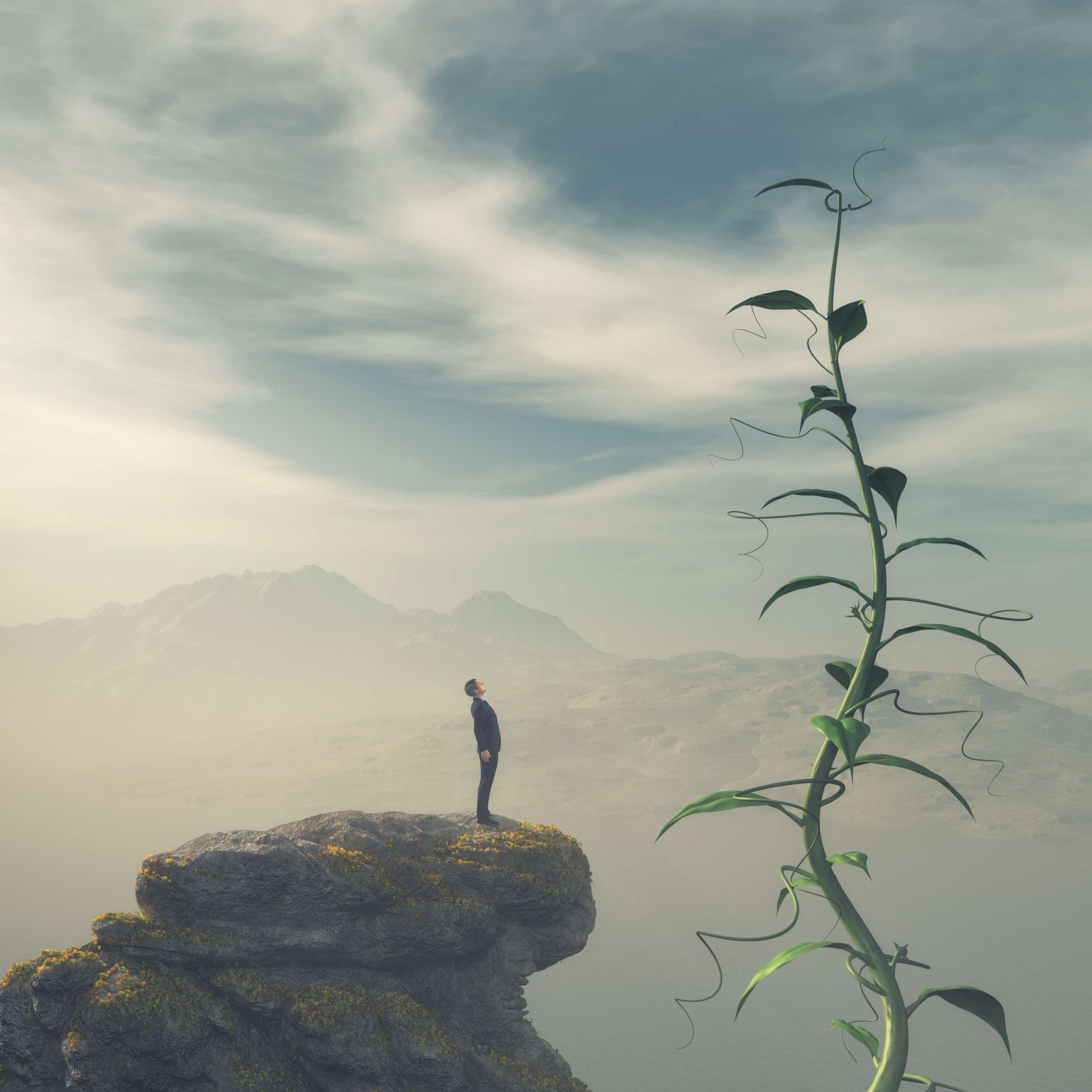 Man standing on the edge of a cliff admiring a big beanstalk. This is a 3d render illustration